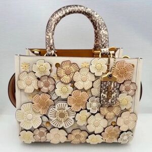 Coach Cream and Tan Tea Rose Floral Satchel
